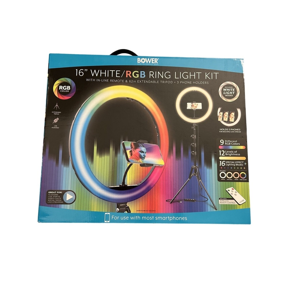 Bower 16in RGB Ring Light Kit Unisex 16in Multicolor New Tripod Remote 3 Holders